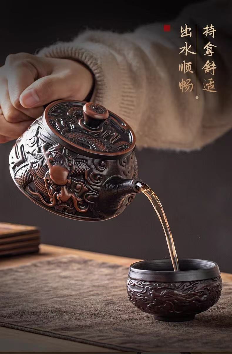 【6號】紫陶祥龍石瓢壺手工制作,精雕細磨,可鳳鳴,可旋轉