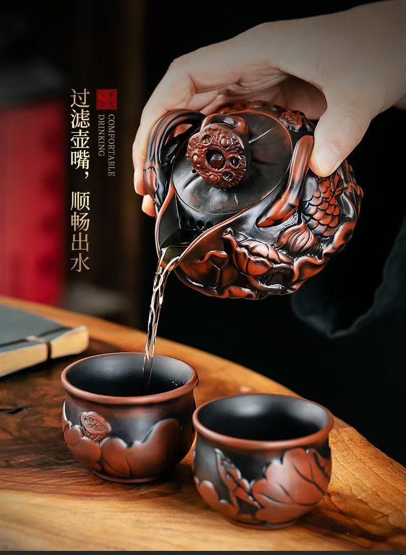 【11号】紫陶年年有余手抓壺 荷塘夜色,荷花手抓壶