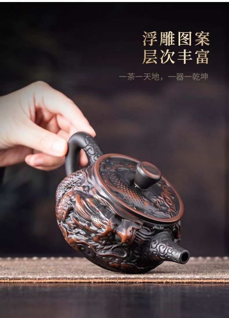 【7號】紫陶魚躍龍門漢瓦壺手工制作，精雕細磨，可鳳鳴，可旋轉