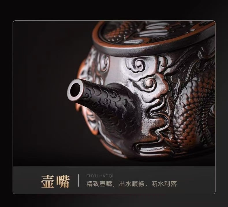 【6號】紫陶祥龍石瓢壺手工制作，精雕細磨，可鳳鳴，可旋轉