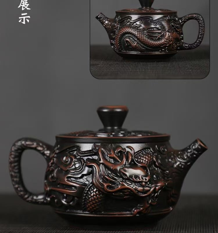 【1號】建水紫陶漢瓦祥龍壺能鳳鳴可提可旋轉全手工雕刻