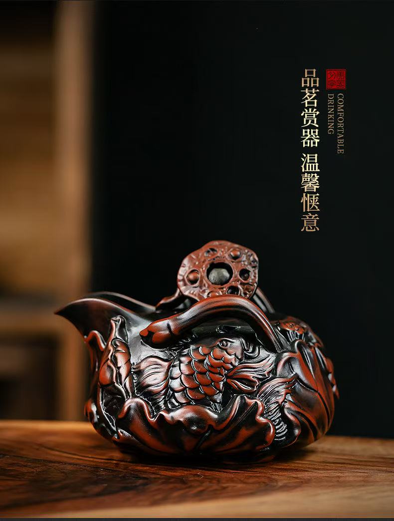 【11号】紫陶年年有余手抓壺 荷塘夜色，荷花手抓壶