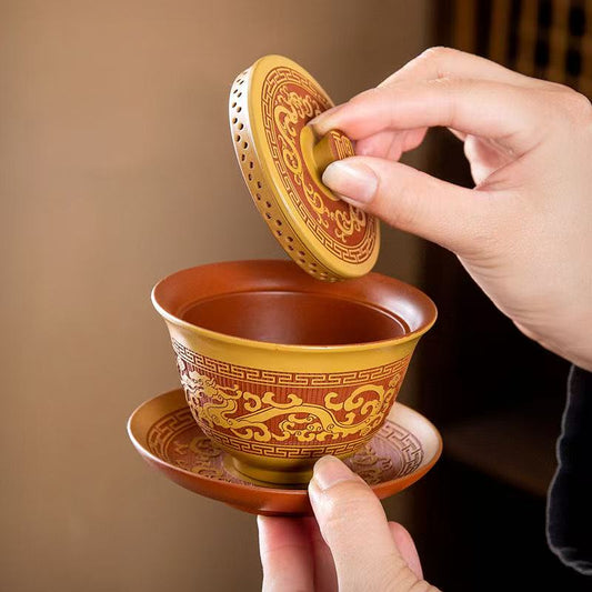 【17號】紫砂黃金段泥浮雕祥龍三才蓋碗