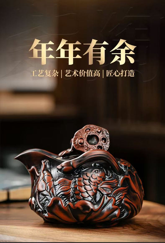 【11号】紫陶年年有余手抓壺 荷塘夜色，荷花手抓壶