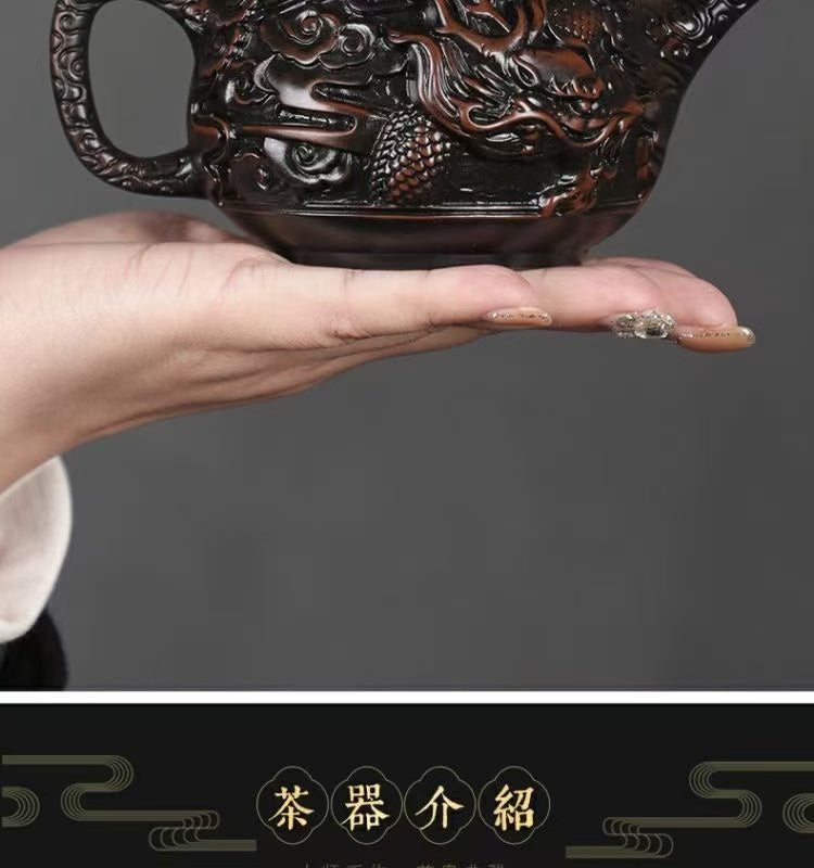【1號】建水紫陶漢瓦祥龍壺能鳳鳴可提可旋轉全手工雕刻