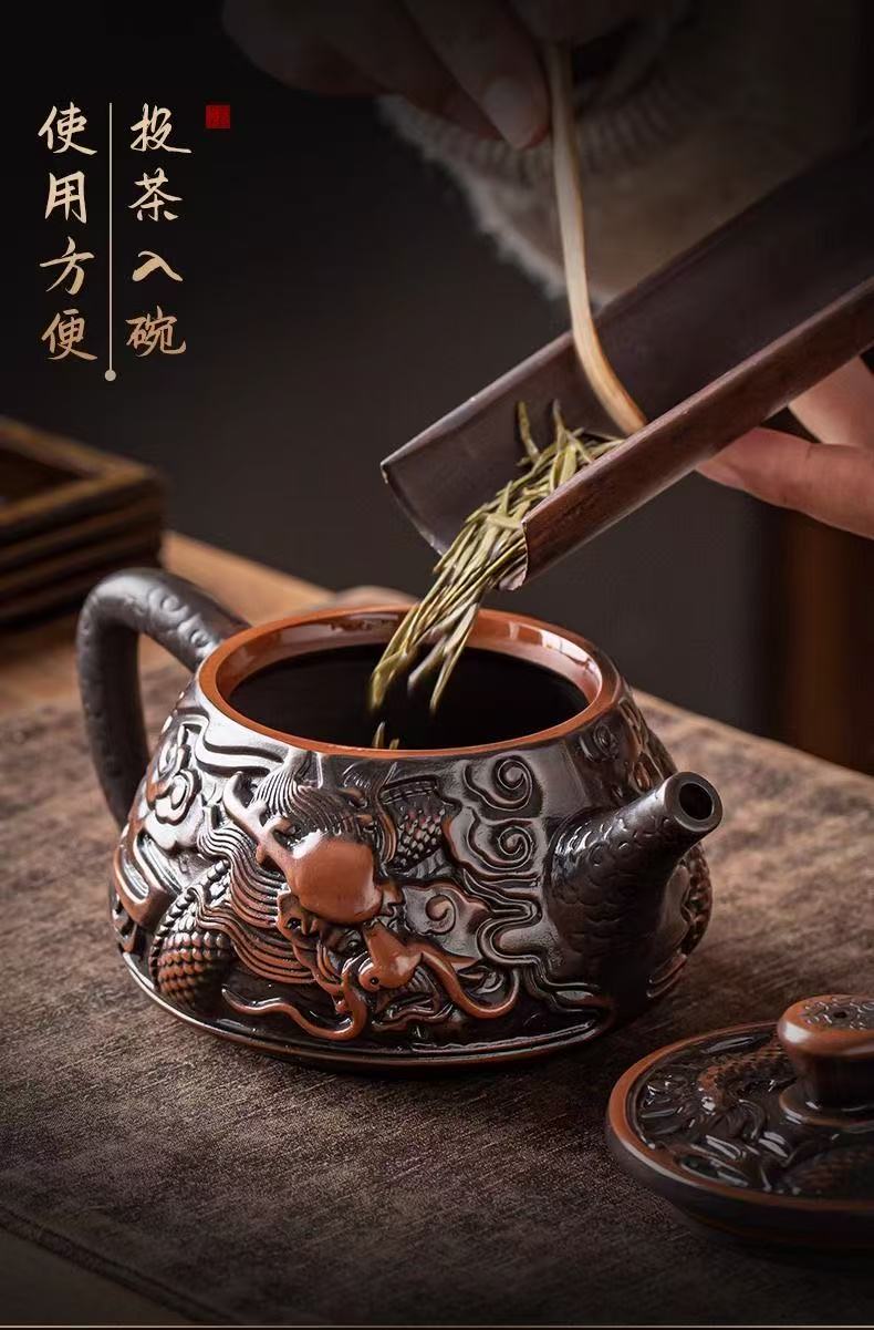【6號】紫陶祥龍石瓢壺手工制作，精雕細磨，可鳳鳴，可旋轉