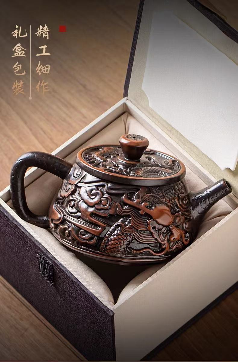 【6號】紫陶祥龍石瓢壺手工制作，精雕細磨，可鳳鳴，可旋轉
