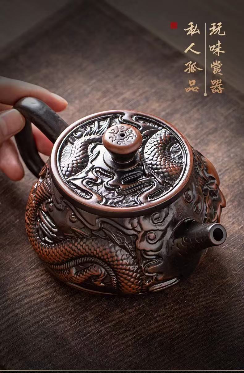 【6號】紫陶祥龍石瓢壺手工制作，精雕細磨，可鳳鳴，可旋轉